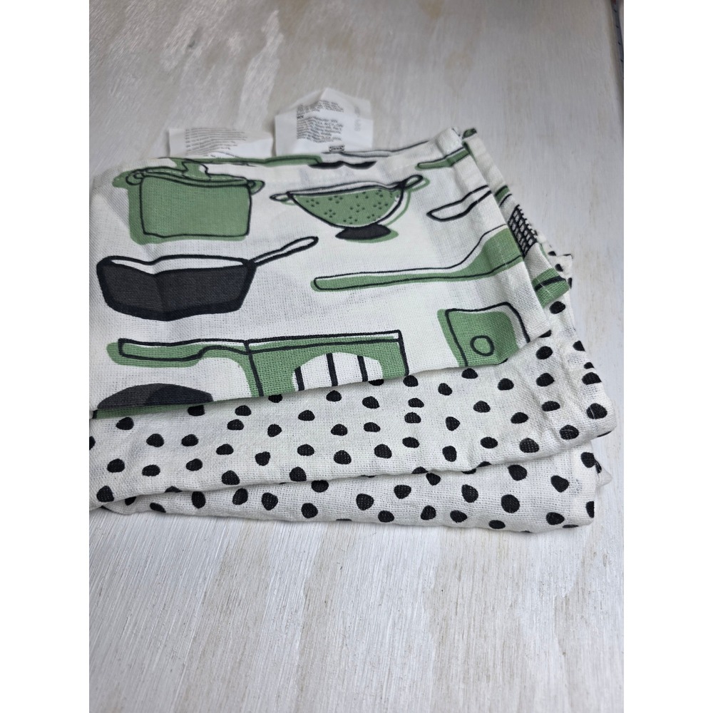 IKEA RINNIG Tea Towels Set 2 Green Black Kitchen Tools Polka Dot 100% Cotton